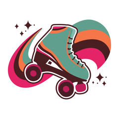 Roller skate boot with rainbow wave and glitter stars  in vintage colors. Vector emblem, patch, sticker