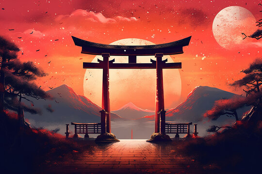 illustration of torii with Fuji mountain and milky way as background
