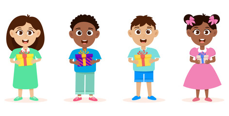 Boys and girls holding a gift box. Kids illustration.