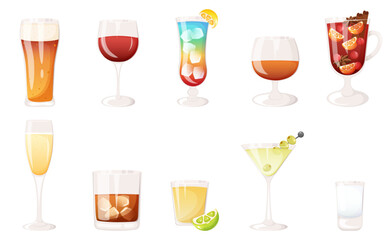 Different type of alcoholic drinks set.  Bar drinks menu elements.