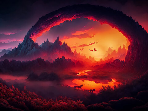 sunset, magic landscape, elden ring, dark arts, the witcher, realistic photo, breathtaking, sharp lens, professional pho