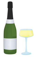 Champagne bottle with glass, vector