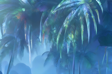 Tranquil blue and green palm fronds background created using generative AI