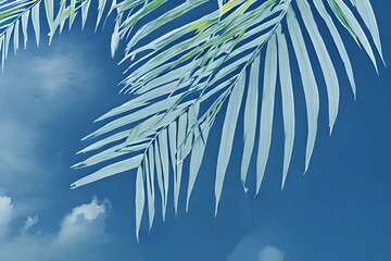 Tranquil blue and green palm fronds background created using generative AI