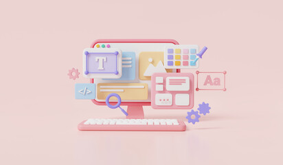 Pc computer web UI-UX design with user interface. web development, coding programming, software development, web design concept. banner, landing page. 3d render Illustration on pink background