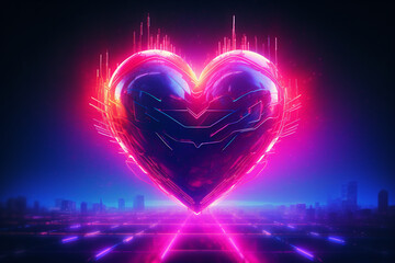 Retrowave Herz Symbol in Neonfarben. Synthwave, Futuresynth, Outrun. Querformat. Generative Ai.