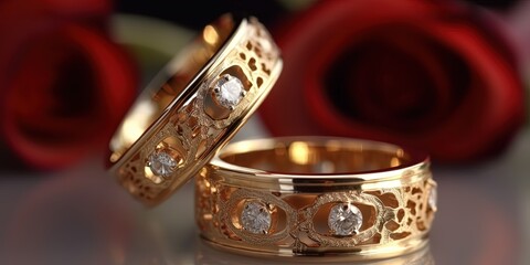 Closeup Gold Wedding rings with beautiful diamond 
