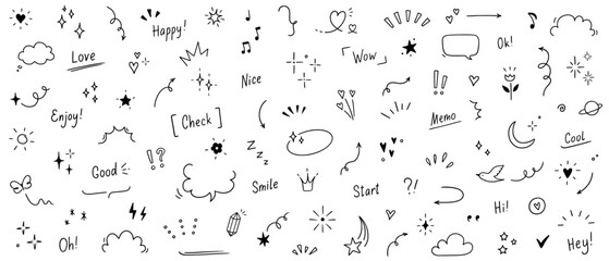 Doodle cute heart, glitter pen line elements. Doodle heart, arrow, star, sparkle decoration symbol set icon. Simple sketch line style emphasis, glitter star, pattern elements. Vector illustration.