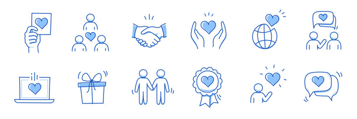 Charity hand, trust community doodle line icon. Charity community, partnership, people solidarity concept icon set. Hand drawn doodle sketch style line. Vector illustration