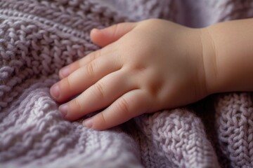 Close up of baby hand , fat and cute baby hand, blanket background. Concept of love and family