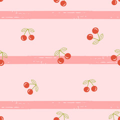 Seamless pattern of cherry fruit with green leaves on stripe pink background vector illustration.