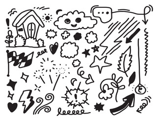 Hand drawn doodle design elements, black on white background. wind, thunderbolt, emphasis, Arrow, house, star, cloud. doodle sketch design elements