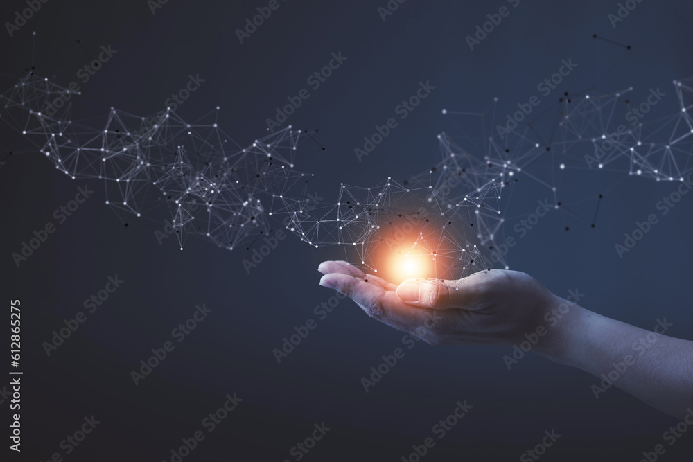 Poster man hand holding global network connection. internet communication, wireless connection technology. 
