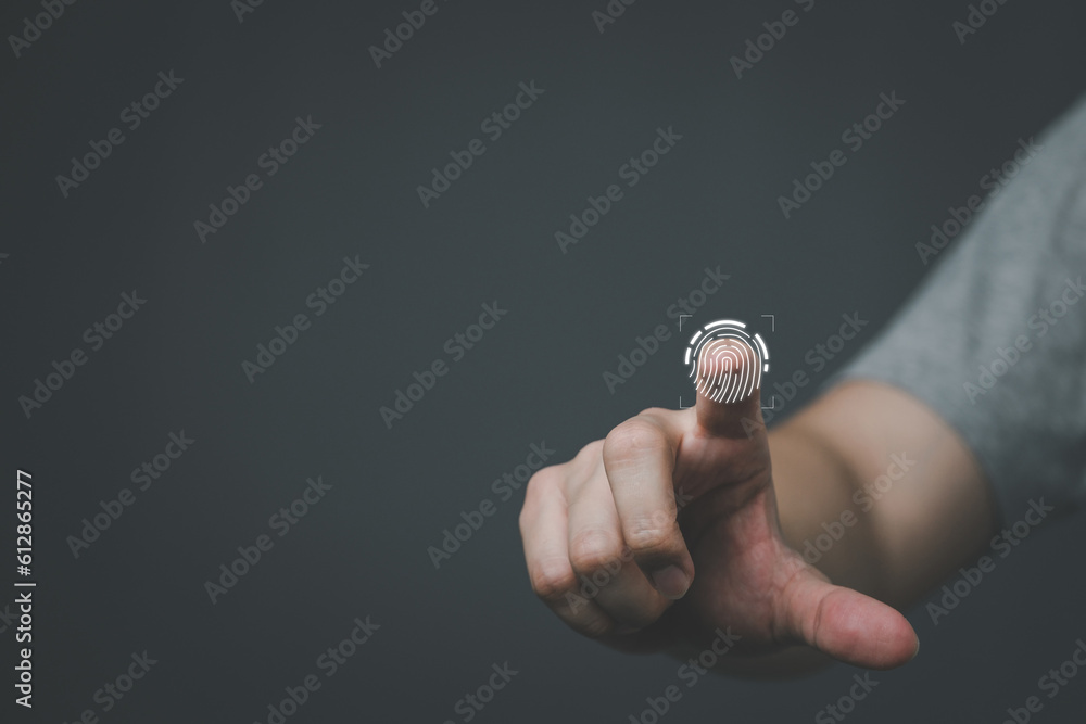 Aufkleber businessman scan fingerprint biometric identity and approval. concept of the future of security and 