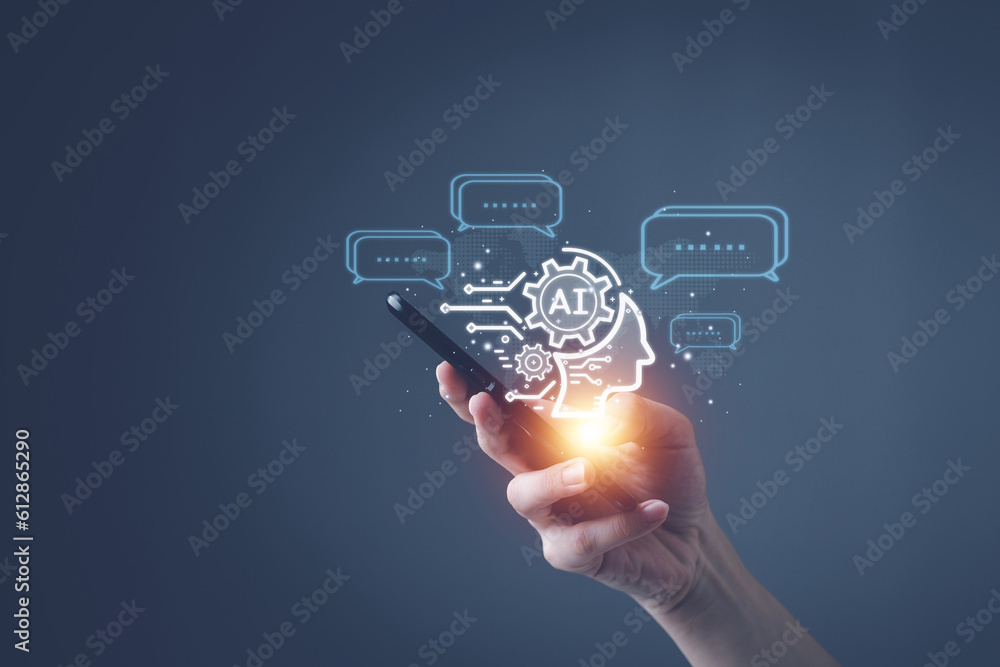 Aufkleber artificial intelligence (ai) conversation assistant. person using online customer contact service ai