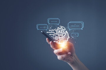 Artificial intelligence (AI) conversation assistant. Person using online customer contact service ai chat automated application support and software Futuristic technology.