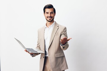 copyspace man laptop suit internet freelancer happy computer smiling job business