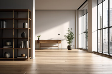 Fototapeta premium an office with wood desks and glass walls, in the style of high detailed, grey academia, wood, photo-realistic landscapes, vintage minimalism, light silver and light brown