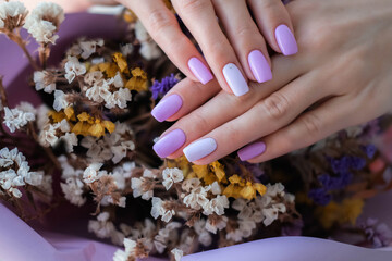 Obraz na płótnie Canvas Women's hands with a fashionable very peri manicure against the background of dried flowers. Spring-summer nail design