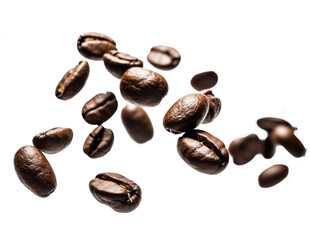 Fototapeta premium several arabica coffee beans flying randomly from small to large on a transparent background