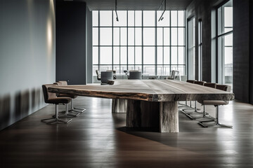 an office with wood desks and glass walls, in the style of high detailed, grey academia, wood, photo-realistic landscapes, vintage minimalism, light silver and light brown