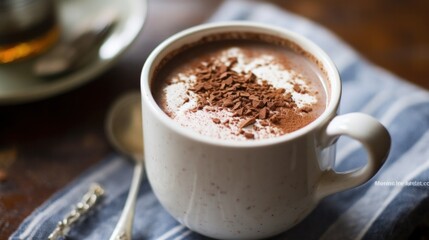 Homemade hot chocolate in a white enamel mug. Generative AI.