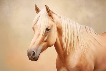 Obraz na płótnie Canvas Closeup portrait on the head of a brown horse, generative ai