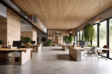 an office with wood desks and glass walls, in the style of high detailed, grey academia, wood, photo-realistic landscapes, vintage minimalism, light silver and light brown