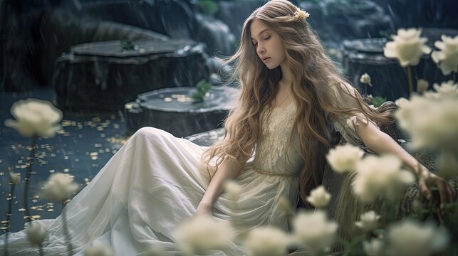 pretty woman portrait sitting sleep at beside river,  ambient fantasy, Generative Ai