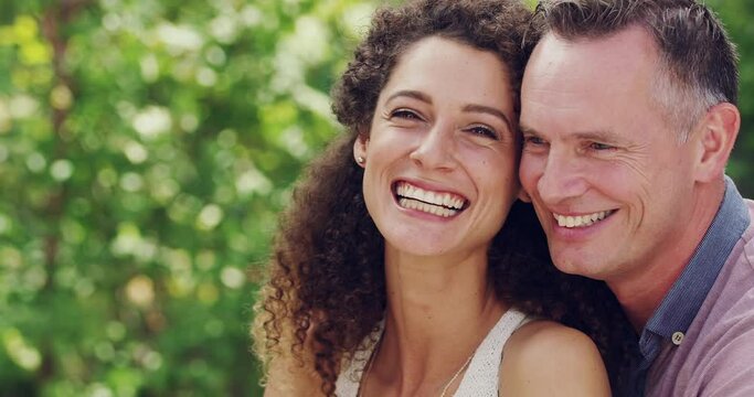 Nature, love and face of couple in park for bonding, quality time and commitment and happy together. Marriage, relationship and portrait of mature man and woman smile for romance, affection and relax