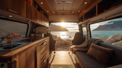 Nice Cozy Interior of a van parked beside a beautiful lake with a mountain
