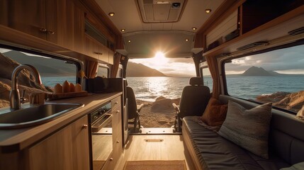 Cozy van life near the sea and sunset from the bedroom