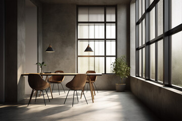 an office with wood desks and glass walls, in the style of high detailed, grey academia, wood, photo-realistic landscapes, vintage minimalism, light silver and light brown