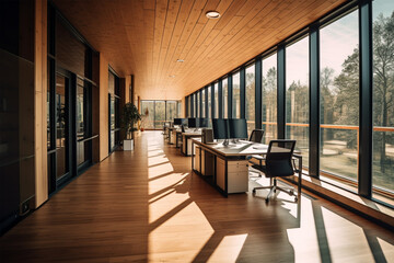 an office with wood desks and glass walls, in the style of high detailed, grey academia, wood, photo-realistic landscapes, vintage minimalism, light silver and light brown