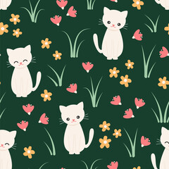 Cute colorful seamless vector pattern illustration with cartoon character white cats in the meadow with flowers on green background - 612867666