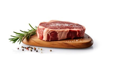 Raw Steak on the top of a wooden board on white background