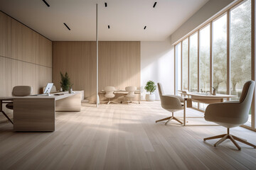an office with wood desks and glass walls, in the style of high detailed, grey academia, wood, photo-realistic landscapes, vintage minimalism, light silver and light brown