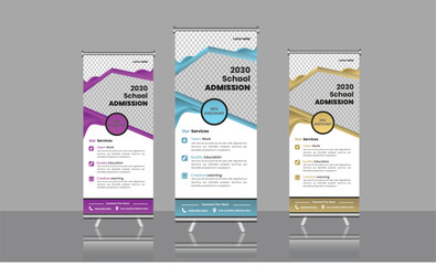 Back to school admission, Rollup banner design with simple shapes for minimalistic company promotion.