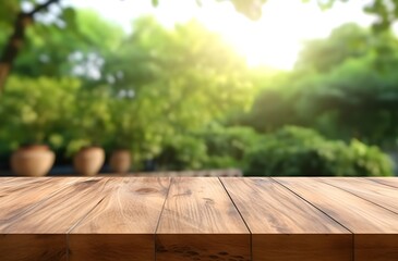 Blur green plants with empty wooden table foreground for products advertising, generative ai