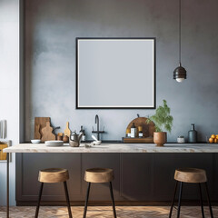 Horizontal blank mock up frame of kitchen wall artfor wall decor, horizontal mockup poster frame in kitchen interior, black frame on grey wall, contemporary cozy kitchen inside design. generative ai