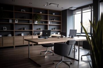 an office with wood desks and glass walls, in the style of high detailed, grey academia, wood, photo-realistic landscapes, vintage minimalism, light silver and light brown