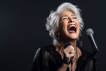 Close-up portrait photography of a satisfied mature woman dancing and singing song in microphone against a dark grey background. With generative AI technology