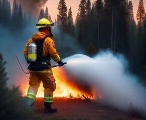 back view of a firefighter extinguishing a wildfire. generative ai