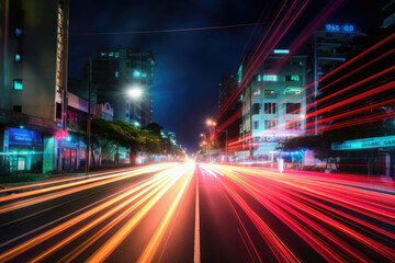 Fototapeta na wymiar abstract long exposure dynamic speed light trails in an urban environment. Generative ai