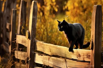 Black Cat Crossing Rustic Fence -ai generated - obrazy, fototapety, plakaty