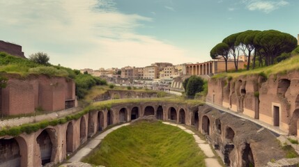 Panorama of Flavian amphitheater in Pozzuoli town, Naples, Italy, Generative AI