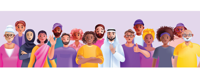 3D diverse people crowd, vector multicultural group, cartoon female male representation characters. Human society tolerance young old business team equal rights concept. Diverse standing people banner