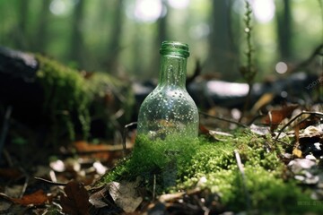 Raindrops on Discarded Bottle in Forest -ai generated