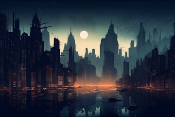Fototapeta na wymiar Concept art illustration of Gotham city at night, Generative AI