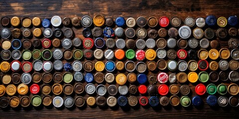 Collection of Bottle Caps on Rustic Table -ai generated